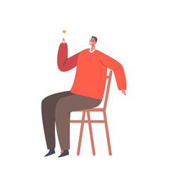 Man Drink Alcohol at Home or Bar, Male Character Sit on Chair Holding Wineglass in Hand Isolated on White Background