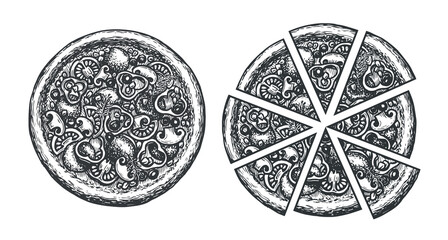 Pizza sketch , slices set. Italian food pepperoni, margarita vector illustration