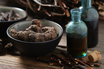 Bottles of infusion or tincture of Persicaria bistorta and Common comfrey roots. Bowl of Bistort, Snakeweed, Snake roots. Dried comfrey officinalis roots also known as symphytum officinale, knitbone.