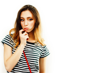 young pretty teenage hipster girl posing emotional happy smiling on white background, lifestyle people concept