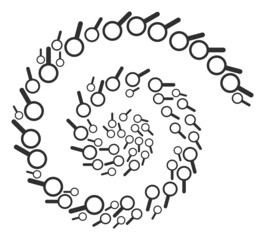 Search icon spiral centrifugal composition. Search items are organized into spiral mosaic structure. Abstraction twirl designed from scatter search items.