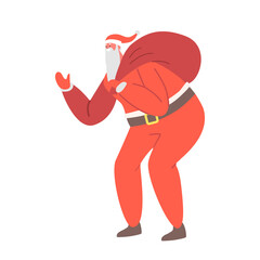 Fat Santa Claus in Red Traditional Costume Carry Sack with Gifts Waving Hand Isolated on White Background