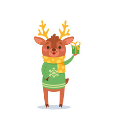 Reindeer Wear Funny Winter Sweater and Scarf Holding Gift in Hand Celebrate New Year or Christmas. Cute Forest Animal