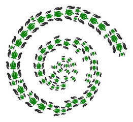 Poppy care hands icon spiral twist composition. Poppy care hands items are composed into twist design concept. Abstract spiral created from randomly allocated poppy care hands items.