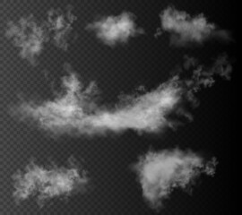 Obraz na płótnie Canvas Set of the six vector realistic clouds isolated on dark transparent background.