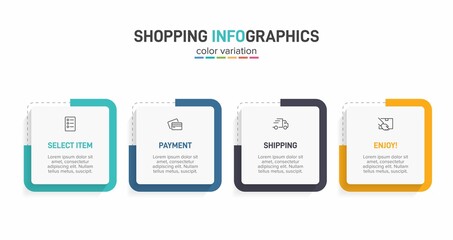 Concept of shopping process with 4 successive steps. Four colorful graphic elements. Timeline design for brochure, presentation, web site. Infographic design layout.