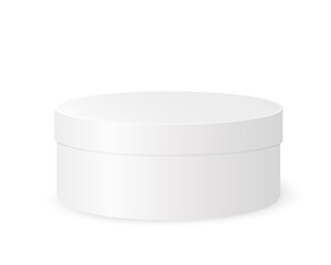 White round box mockup. Plastic, tin or cardboard package for product design. Container for gift, hat, cookies, cosmetics isolated on white background. Vector realistic illustration