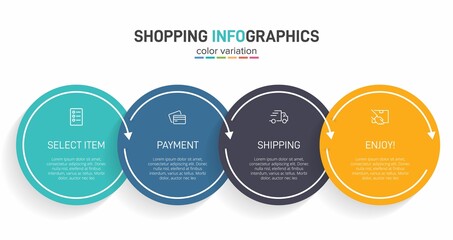 Concept of shopping process with 4 successive steps. Four colorful graphic elements. Timeline design for brochure, presentation, web site. Infographic design layout.