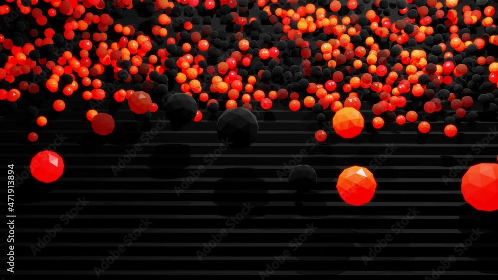 Poster spheres or balls fall down on steps bounce off stair and roll down light up and form pattern. sphere