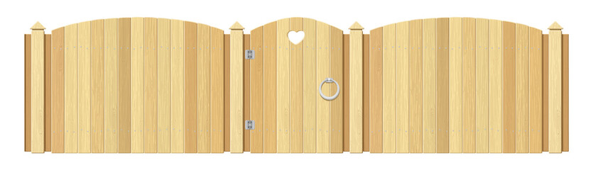 Wooden fence with gate and pillars. Vector
