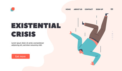Existential Crisis Landing Page Template. Unhappy Man Falling, Frightened Person in Emotional Stress or Accident Fall