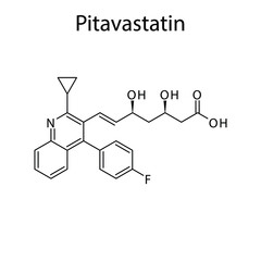 Pitavastatin molecular structure, flat skeletal chemical formula. Statin drug used to treat Blood cholesterol, Hyerplipidemia, High LDL. Vector illustration.