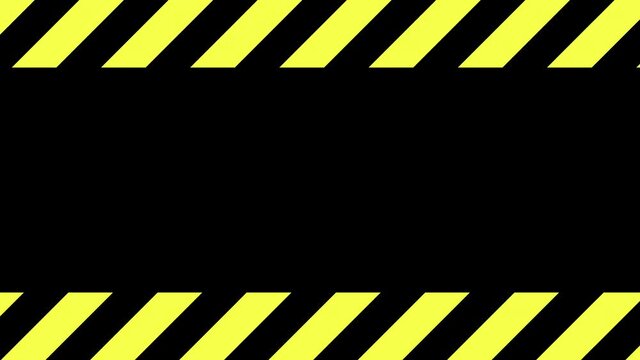 A scrolling warning caution tape (angled stripes). Black background, slow motion.

