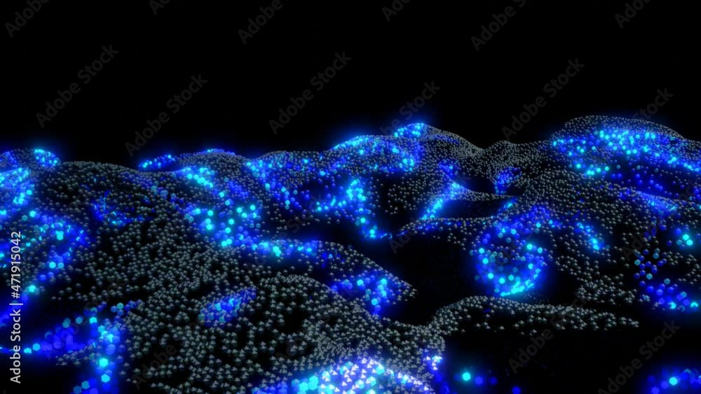 Poster 3d abstract blue sci-fi background. luminous particles form wavy surface, waves of light and color r