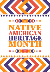 Fototapeta premium Native American Heritage Month. American Indian culture. Celebrate annual in in November in United States. Tradition Indian pattern. Poster and banner. Vector authentic ornament, ethnic illustration