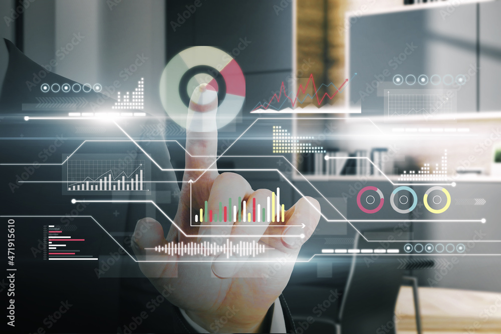 Poster close up of man hand pointing at digital business chart interface on blurry office interior backgrou