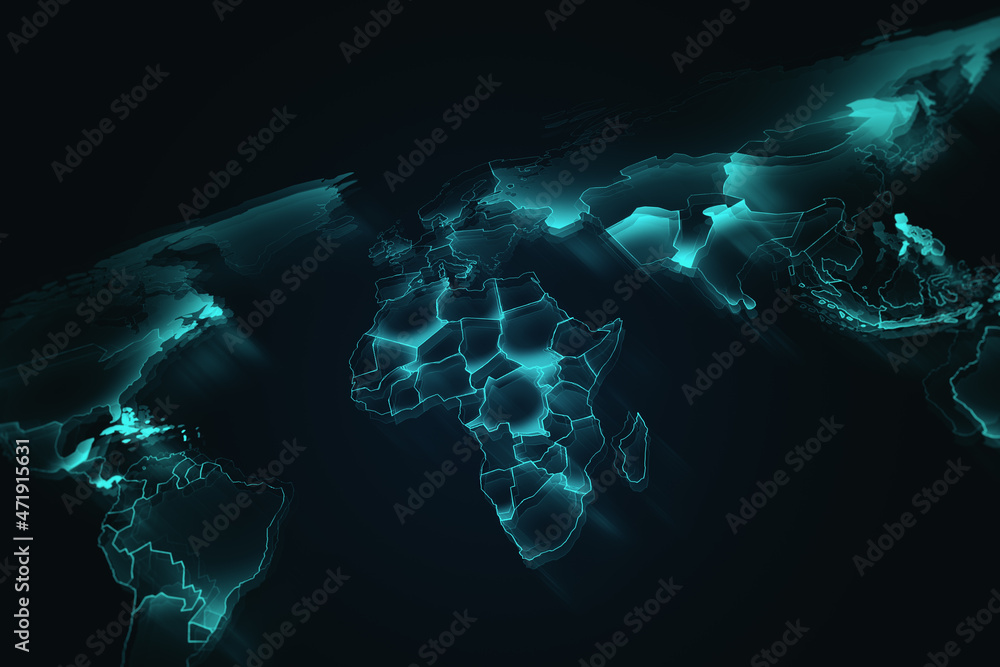 Poster creative glowing map on dark blurry background. technology, communication and travel concept. 3d ren