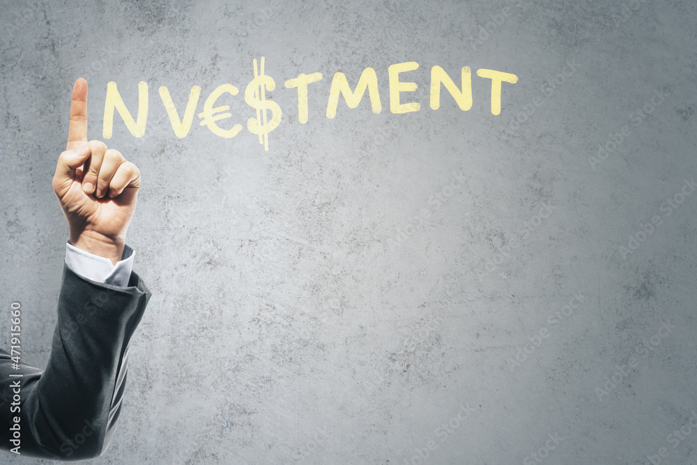 Poster close up of businessman hand pointing up on concrete wall background with investment sketch, dollar 