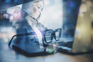 Close up of abstract laptop, cellphone, glasses and staircase filtered on blurry bokeh background...
