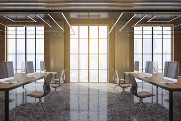 Clean spacious concrete and wooden coworking office interior with window and daylight, table, computer monitors and other items. Law, legal and commercial concept. 3D Rendering.