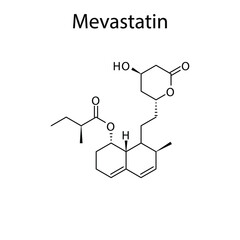 Mevastatin molecular structure, flat skeletal chemical formula. Statin drug used to treat Blood cholesterol, Hyerplipidemia, High LDL. Vector illustration.