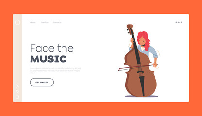 Performance on Scene Landing Page Template. Musician Girl Character Play Contrabass or Cello String Instrument Perform