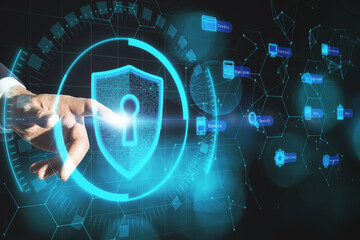 Close up of hand pointing at creative digital padlock interface on blurry dark background. Safety, protection, virtual information and security concept. Double exposure.
