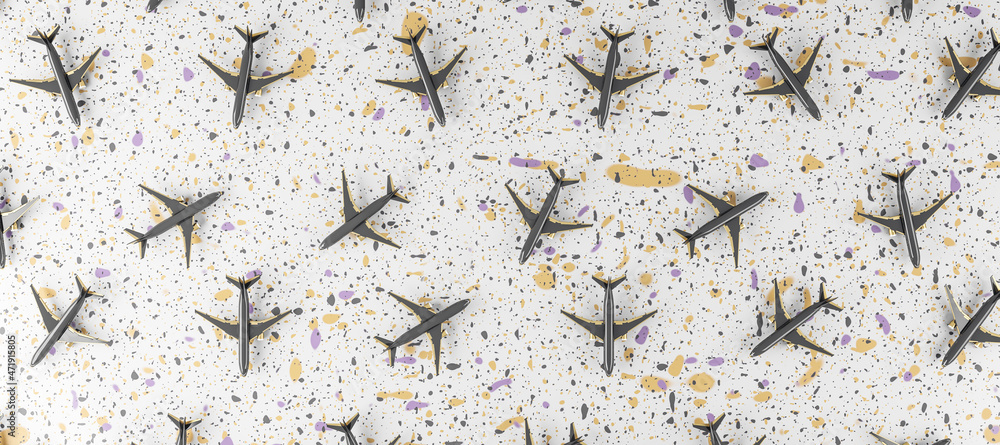 Poster wide image of gray airplanes on marble background. travel and landing page concept. 3d rendering.