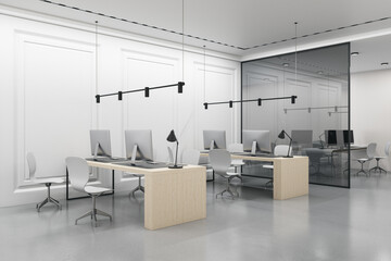 Contemporary concrete coworking office interior with furniture, computers, decorative plant and glass partition. Meeting and workplace concept. 3D Rendering.