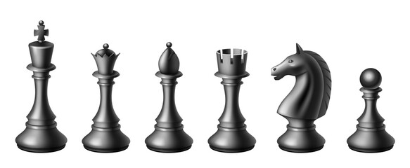 Realistic black chess pieces set. King, queen bishop and pawn horse rook. Black chess figures