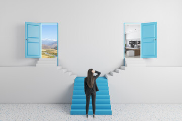 Businesswoman standing on abstract blue staircase with two open doors in concrete interior. Success, way and opportunity concept.