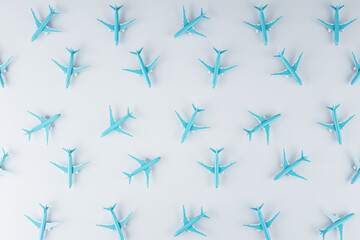 Abstract image of blue airplanes on white background. Travel and landing page concept. 3D Rendering.