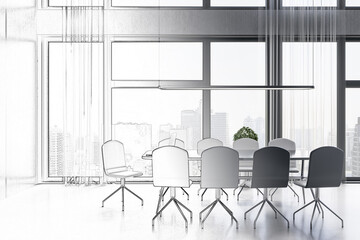 Modern hand drawn meeting room office interior with table, armchairs, window with city view and daylight. Repairs and refurbishment concept. 3D Rendering.