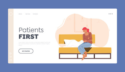 Patient Sickness Landing Page Template. Health Problem, Stomach Disease Symptom. Female Character Feeling Abdominal Pain