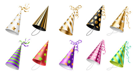 Set of realistic colorful party hat. Cone headwear for celebration with dots, stripes and ribbons