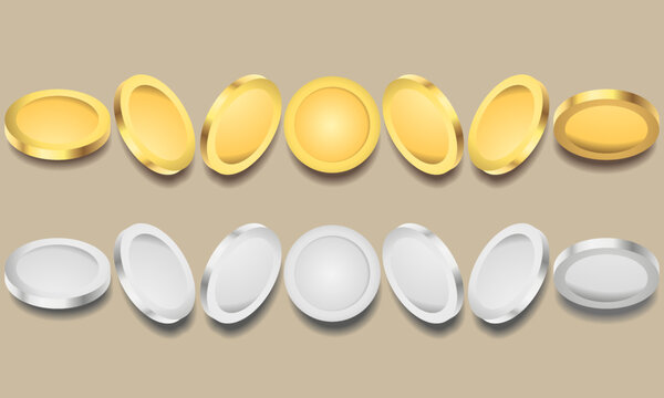 Vector Isolated Set Of Spinning Gold And Silver Coin, At Different Angles For Animation.