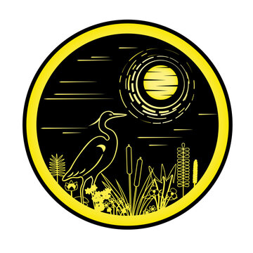 Night landscape with herons, water flowers and herbs in a circle.
