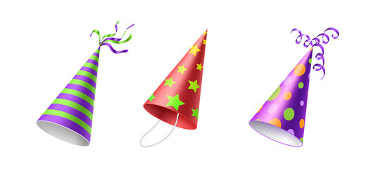 Colorful party hats. Realistic different festive headwear with various patterns, stripes and dots