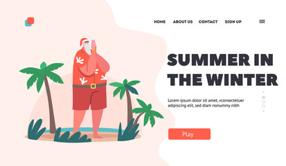 Christmas and New Year Holiday Vacation Landing Page Template. Santa Claus in Sunglasses Enjoying Ice Cream at Beach