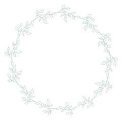 Silver floral round frame decorated with hand drawn delicate branches. Vector isolated.