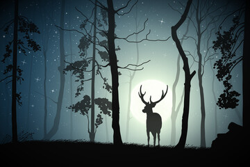 Lonely deer in misty forest. Animal silhouette. Tree in fog. Full moon