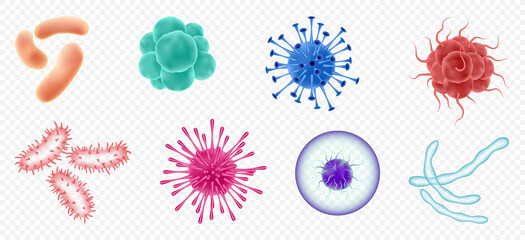 Viruses, germs and bacteria, microorganism types. Illness or disease microscopic cells - obrazy, fototapety, plakaty