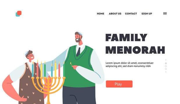 Family Menorah Landing Page Template. Father with Son Celebrating Hanukkah Israel Holiday, Jewish Festival of Lights