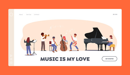 Children Performing on Philharmonic Stage Landing Page Template. Music School Students with Various Instruments