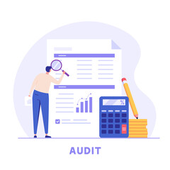 Fototapeta premium Men study the financial statement. Concept of financial report, digital accounting, audit and financial research, accounting report. Vector illustration in flat design