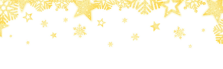 Christmas decoration. Gold snowflakes and stars with glitter. Festive winter poster. Wide sparkling border for website or greeting card. Golden garland on white backdrop. Vector illustration