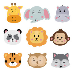 Set of cute animal faces. Hand drawn characters. Vector illustration isolated on white background.