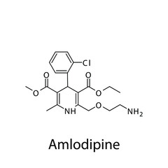 Amlodipine molecular structure, flat skeletal chemical formula. Calcium channel blocker CCB Dihydropyridine drug used to treat Hypertension. Vector illustration.