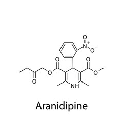 Aranidipine molecular structure, flat skeletal chemical formula. Calcium channel blocker CCB Dihydropyridine drug used to treat Hypertension, Angina. Vector illustration.