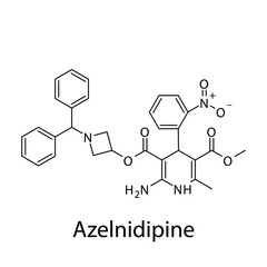 Azelnidipine molecular structure, flat skeletal chemical formula. Calcium channel blocker CCB Dihydropyridine drug used to treat Hypertension. Vector illustration.